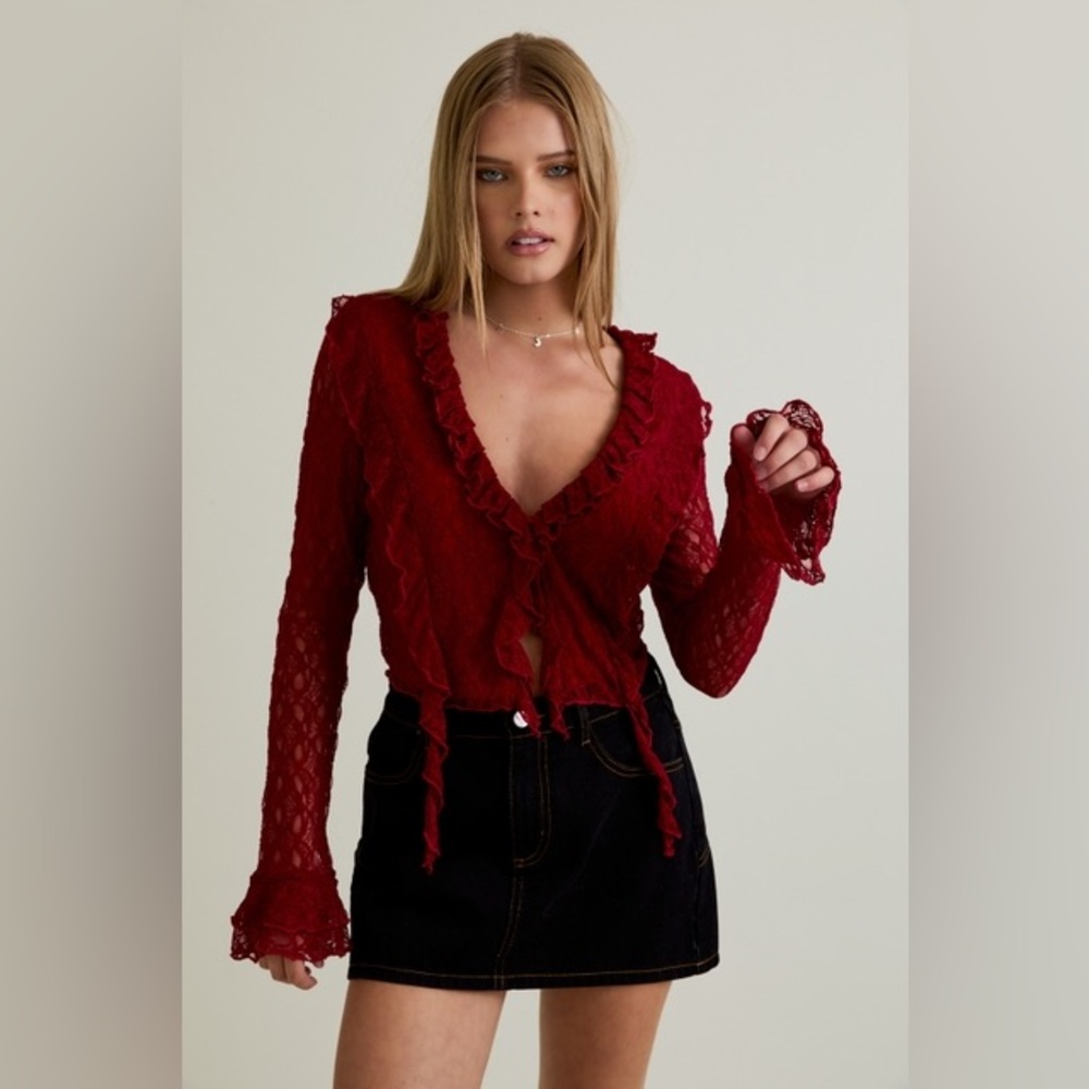 Ruffle Detail Lace V-Neck Top with Bell Sleeves - Le Lis